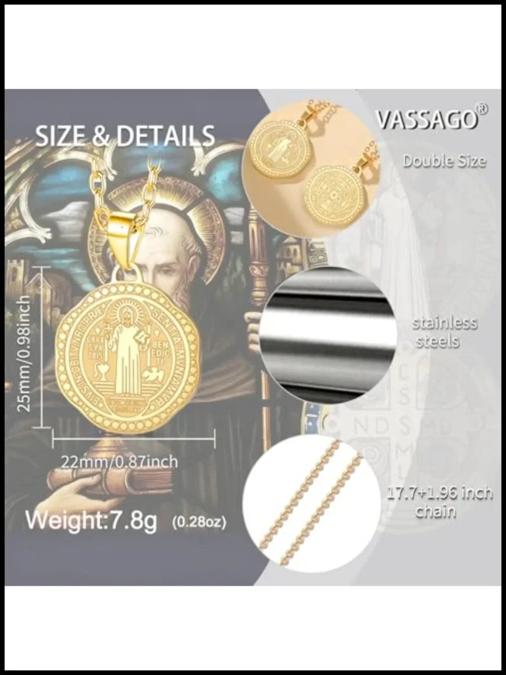 Stainless Steel Saint Benedict Medal Pendant Necklace Christian Catholic